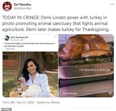 Demi lovato is seen leaving the royal variety sometimes, even if a meme was meant in harmless fun, it can still hurt feelings. Demi Lovato Faces Backlash For Cuddling Pet Turkey Before Roasting A Bird On Thanksgiving Dinner Daily Mail Online