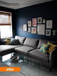 Before After A Deep Blue Tv Room Grey Couch Blue Walls Blue Sofas Living Room Blue Sofa Living