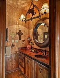 Blue wall tiles and spanish floor tiles complement the rustic wood cabinets and black fixtures. 20 Western Bathroom Decor Magzhouse