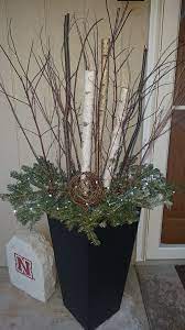 Wintery Decorations For After Christmas Front Porch Birch Logs Planters Christmas Porch Decor Winter Porch Winter Porch Decorations
