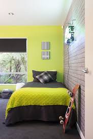 The Final Reveal Zingy Lime Green Wall Teamed With Cool Exposed Brick Wallpaper And Charcoal Carpet For Green Boys Room Boys Bedroom Green Lime Green Bedrooms