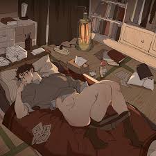 jtdbyhra2022, akaashi keiji, haikyuu!!, highres, 1boy, ass, black hair,  blush, book, book stack, bookshelf, brown male underwear, brown sweater,  futon, glasses, heater, lying, male focus, male underwear, male underwear  pull, nude, on