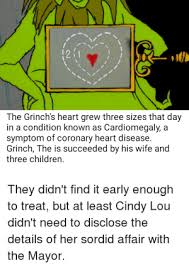 .upon the size of his heart before) his heart grows three sizes. 211 The Grinch S Heart Grew Three Sizes That Day In A Condition Known As Cardionmegaly A Symptom Of Coronary Heart Disease Grinch The Is Succeeded By His Wife And Three Children They