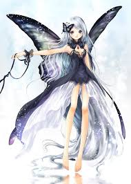 Anime Angel With Black And White Wings Black Butterfly Fairy Princess With Long White Hair Lavender Blue Eyes Iridescent Wings Black Gothic Dress By Manga Manga Artist Anime Fairy
