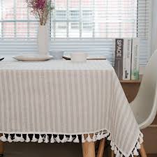 Bringsine Stripe Tassel Tablecloth Cotton Linen Stain Resistant Dust Proof Waterproof Table Cover For Kitche Striped Table Table Top Decor Striped Table Runner