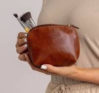 Leo leren toilettas make-up tas waterdichte voering bruin leer