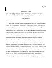 This section should consist of a brief summary of the critique you are going to provide. Bullying Article Critique Ed P 520 Dr Rezaei Research Article Critique Wurf G 2012 High School Anti Bullying Interventions An Evaluation Of Curriculum Course Hero