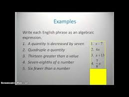 Translating English Phrases Into Algebraic Expressions Youtube Also Translates More Complex Phrases Algebraic Expressions English Phrases Basic Algebra