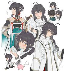 yurumawari, miyamoto iori (fate), yamato takeru (fate), yamato takeru  (phantasmal dress) (fate), fatesamurai remnant, fate (series), absurdres,  commentary request, highres, 1boy, 1other, ahoge, black hair, blush, braid,  cat, chibi, closed eyes ...