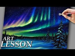 Acrylic Landscape Painting Lesson Northern Lights And Night Stars Artlesson Easy Landscape Paintings Northern Lights Painting Landscape Paintings Acrylic