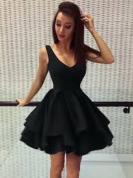 V Neck Cocktail Dress Ruffle Homecoming Dress Short Satin Prom Dress Backless Dress Black Homecoming Dress Backless Homecoming Dresses Cheap Homecoming Dresses
