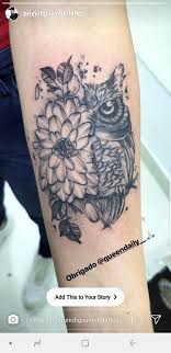 Half Sleeve Bird And Flower Tattoo Half Owl Half Dahlia Flower Tattoo Dahlia Flower Tattoos Flower Tattoo Drawings Half Sleeve Tattoos Owl