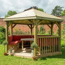 Hartwood 4m Fully Furnished Premium Hexagonal Gazebo With Timber Roof Garden Gazebo Gazebo Plans Gazebo