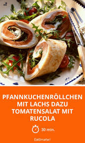 Pfannkuchenrollchen Mit Lachs Dazu Tomatensalat Mi Rezept Rezepte Salat Mit Lachs Lachs Rezept