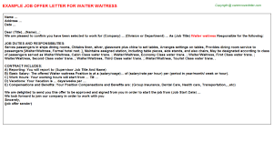 Waiter Waitress Job Offer Letter Sample