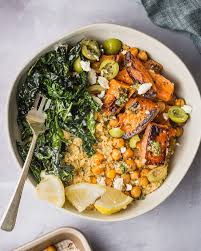 Recipe Sweet Potato Quinoa Bowls With Crispy Chickpeas And Chopped Pesto Recipe Veggie Bowl Crispy Chickpeas Quinoa Sweet Potato