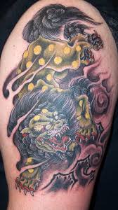 Traditional Foo Dog Tattoo On Man Left Half Sleeve Foo Dog Tattoo Foo Dog Tattoo Design Japanese Tattoo