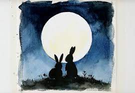 Water color painting using salt is often used to define textures, it is widely used for painting galaxies, milky way, ocean, sky. Watercolor Painting Ideas Painting Bunny Silhouettes With A Full Moon
