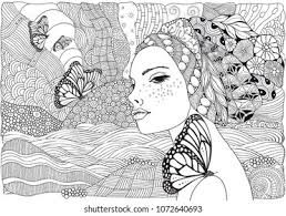 Butterfly coloring pages for adults. Young Beautiful Woman Butterfly Beach Facing Stock Vector Royalty Free 1072640693