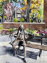 Where is the statue in this photograph located today? Watercolor Of Ben Franklin Statue At Upenn Philadelphia
