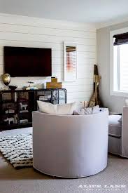 Diy shiplap accent walls shiplap accent wall accent walls in living room diy shiplap june 23 2020 my family and i have moved to a new house easy and cheap diy shiplap accent walls using inexpensive plywood boards. Family Friendly Living Room With Gray Barrel Back Chairs And Metal Tv Shelves Transitional Living Room