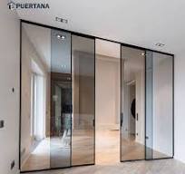 Black Narrow Frame Aluminum Interior Panels Three Rail Linkage Glass  Sliding Door
