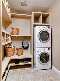 Creative And Comfortable Laundry Room Ideas Stacked Washer Dryer With Tiles Flooring And Wood Open Sh Small Closet Room Laundry Room Design Laundry In Bathroom