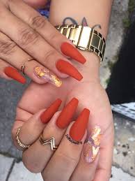 70 Attractive Acrylic Coffin Nails To Try This Fall Koees Blog Fall Acrylic Nails Luxury Nails Orange Nails