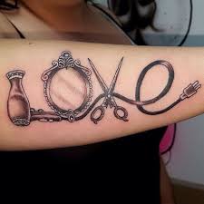 The green color in this tattoo gives an impression of real black 'n' white tattoo. My Awesome Hairstylist Inspired Tattoo It S A Passion Hairstylist Tattoos Cosmetology Tattoos Hairdresser Tattoos