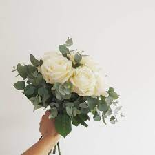 Creating short table centrepieces with roses for weddings & events. White Roses Eucalyptus White Rose Bouquet Bridesmaid Flowers Small Wedding Bouquets