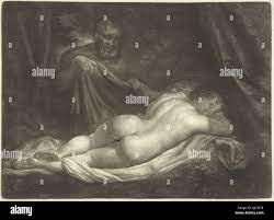 Satyr espiando en una ninfa durmiente, el fabricante de la impresión:  Caspar Netscher, (mencionado en el objeto), 1649 - 1684, papel, h 182 mm x  w 249 mm Fotografía de stock - Alamy