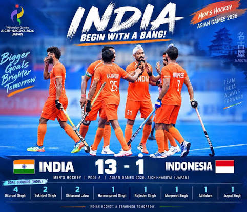 🔥🇮🇳 एशियन गेम्स 2026 में भारत की धमाकेदार शुरुआत! 🏑 भारतीय पुरुष हॉकी टीम ने अपने पहले ही मुकाबले में इंडोनेशिया को 13-1 से करारी शिकस्त देकर ...