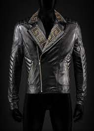 New Mens Biker Golden Silver Studded Mens Black Cowhide Leather Jacket All Sizes Handmade Motorcycle Deri Ceket Erkek Modeller Mont