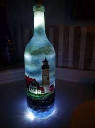 Lighthouse Light Up Bottle Decorative Light Up Wine Bottle Etsy In 2020 Bottles Decoration Hand Painted Bottles Light Up Bottles