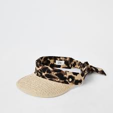 Beige Leopard Straw Visor Hat