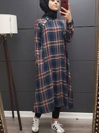 Yakasi Ahsap Dugmeli Ekose Tunik Mint Islami Moda Mutevazi Moda Gomlek Elbise