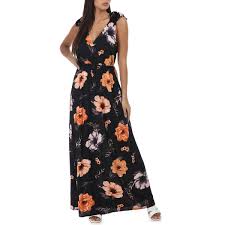 Robe longue fluide à manches courtes et col en v croisé. Robe Longue Fluide Noire A Fleurs Oranges