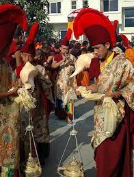 Censors Of The Procession Tibetan Buddhist Monks In Full Regalia With Red Hats Silk Garments Over Maroon Robes Tharlam Monastery Courtyard Boudha Kathmand Tibetan Buddhist Tibetan Monk Buddhist Monk