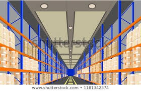Warehouse Interior With Boxes On Rack Perspective Front Viewpoint Vector With Flat And Solid Color Style Illustration Perspective Vector Warehouse
