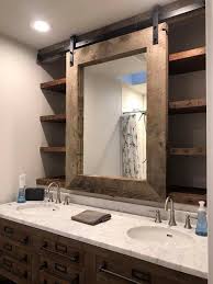 Bathroom With Barn Door Rolling Mirror Shelving Behind Modern Farmhouse Bathroom House Bathroom Farmhouse Bathroom Vanity