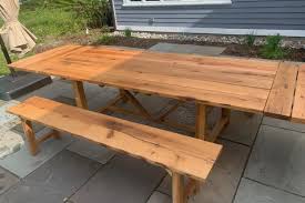 You can refer to the plans for the exact width that i ripped them down to. Outdoor Reclaimed Oak Farmhouse Table And Bench Set At Berkshire Home Cannon Hill