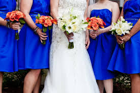 Royal blue and orange wedding bouquets. Royal Blue And Burnt Orange Wedding Brides Maid Dresses Blue Orange And Pink Wedding Colorful Wedding Flowers