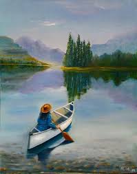Lake Scene Oil Painting Calm Landscape Girl Rowing A Boat Lake Art Clear Water Painting Beautiful Mo Lake Landscape Boat Painting Water Painting