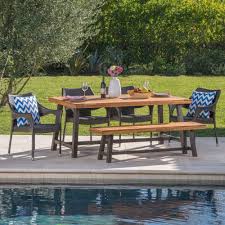 Noble House Arian 6 Piece Wood And Wicker Outdoor Dining Set With Stacking Chairs And Bench 23017 The Home Depot Outdoor Dining Set Best Outdoor Furniture Outdoor Dining