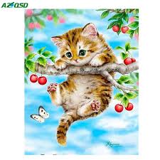 3d Diy Diamond Painting Craft Kit Cat On Tree Branch Square Drill 5 Kit Sizes To Pick From Animals Animal Drawings Cat Art