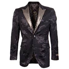 Black and gold engraved ink art. Black Tuxedo Jacket With Floral Pattern Gold Sequin Lapel Blazer Prom Wedding Perfect Tux