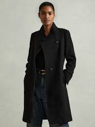 Reiss Petite Wool-Blend Longline Double-Breasted Coat in Black | REISS