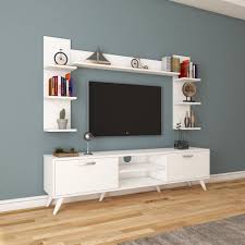 Rani A9 Duvar Rafli Kitaplikli Tv Unitesi Duvara Monte Dolapli Modern Ayakli Tv Sehpasi Beyaz Mobilya Tv Unitesi Tv