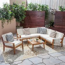 Noble House Grenada Teak Brown 7 Piece Wood Patio Conversation Set With Beige Cushions 68587 The Home Depot Patio Sofa Set Conversation Set Patio Patio Sofa