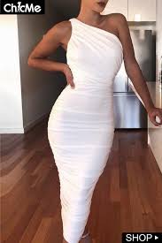 One Shoulder Scrunched Bodycon Dress Fashion White Dresses Graduation Bodycon Dress